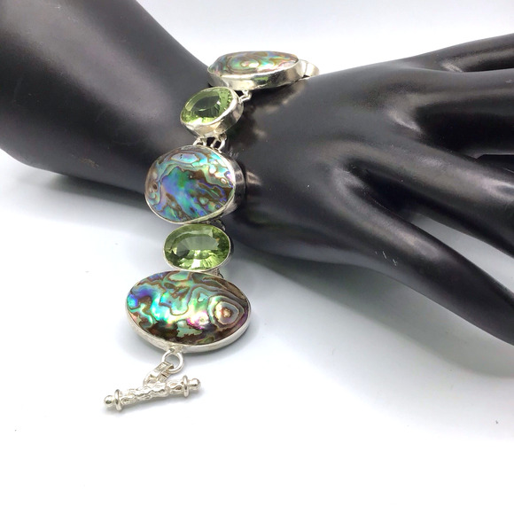 Sterling Silver Abalone Peridot Bracelet 925 Adjustable up to 8" - Picture 2 of 12